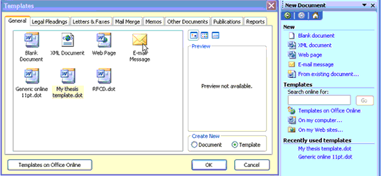 template and new document dialog boxes